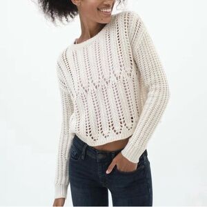 Aeropostale Pointelle Crochet Knit Ivory Crew Sweater Small Boho Chunky Cozy